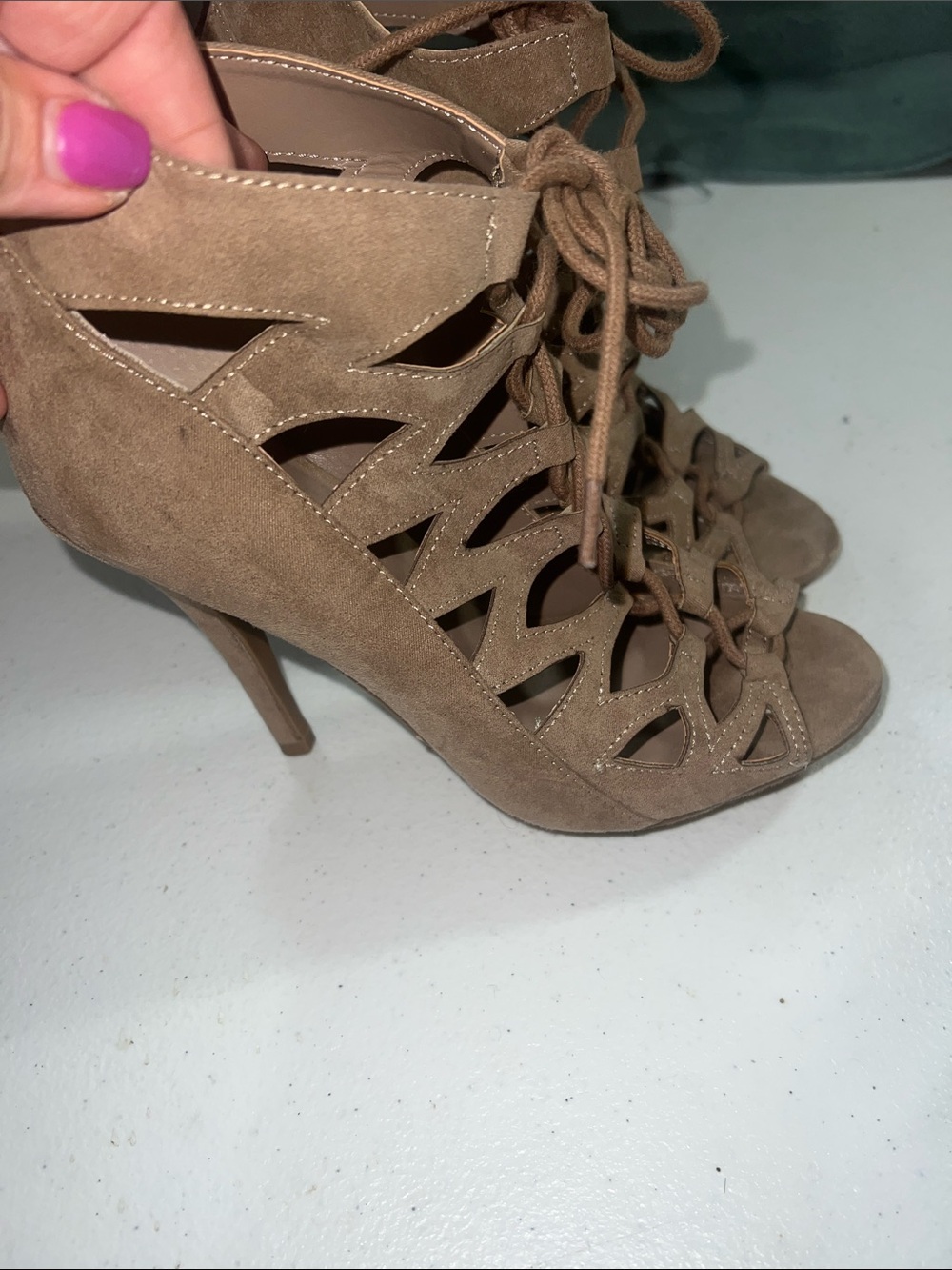 Chinese Laundry "Z Lady" Taupe Lace-Up Caged Heeled Booties.